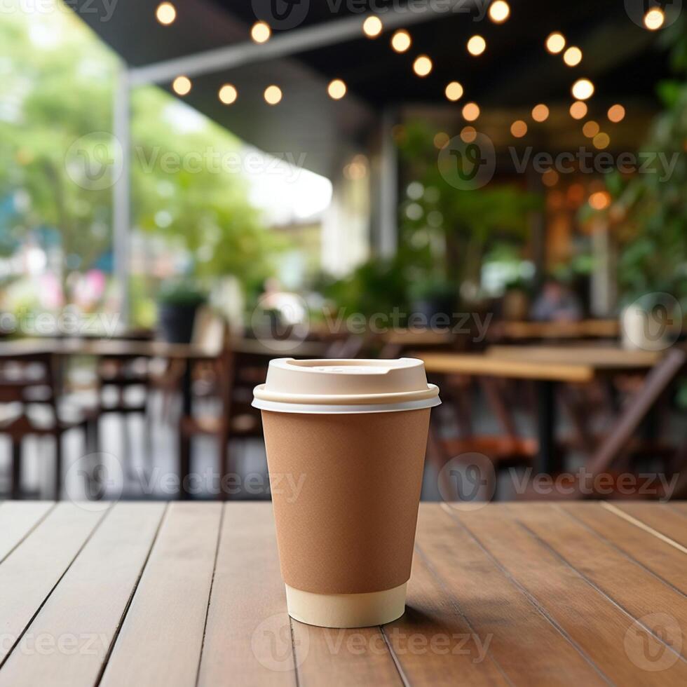 Brown Paper Coffee Cup, On a Wooden Table, with blur background of cafe, hyper realistic photo