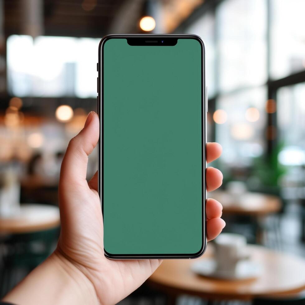 High quality smart phone on hand with green screen photo