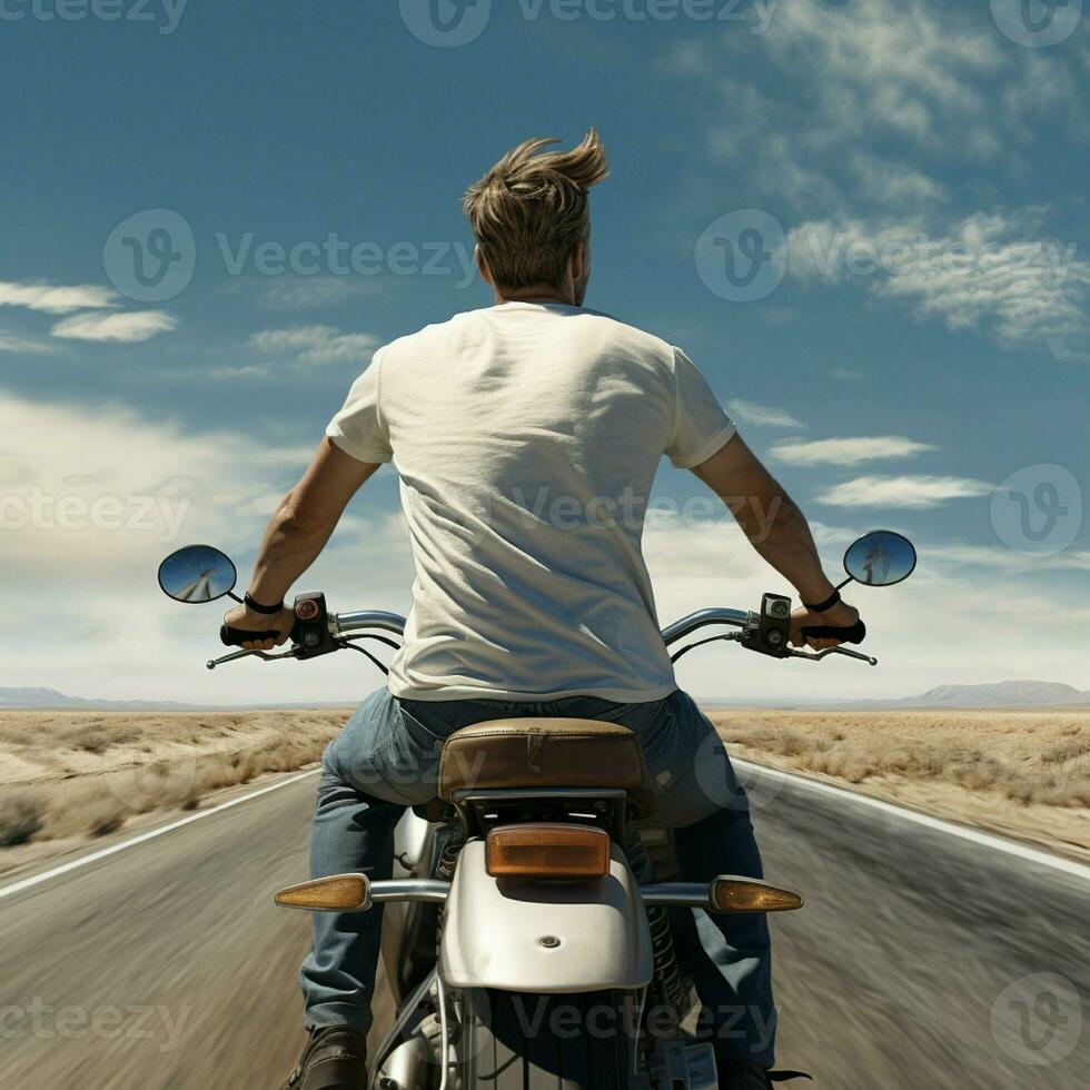 AI generative Photo of a man on the bike wearing a plain white t-shirt facing backwards