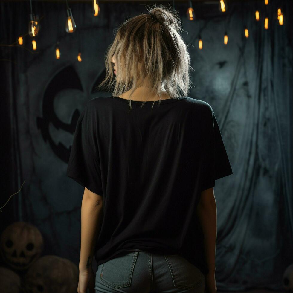 AI generated Girl model wearing black oversize t - shirt. halloween theme. Back view. modern style photo