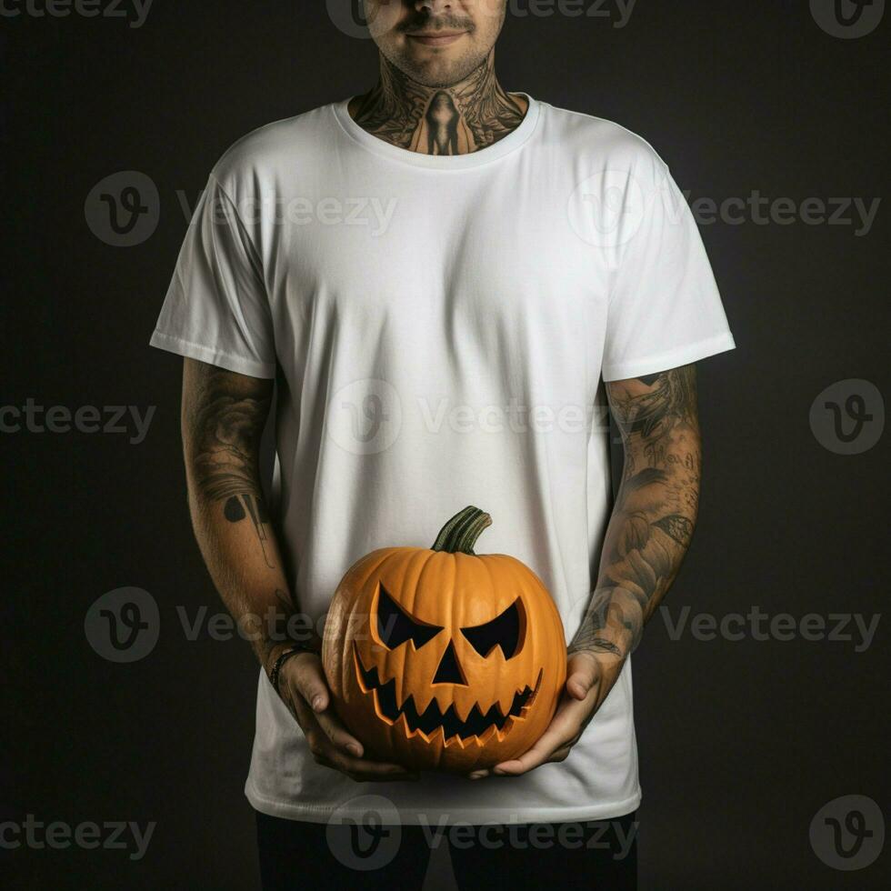 AI generative Photo of a man holding halloween pumpkin in hand, wearing a plain white t-shirt