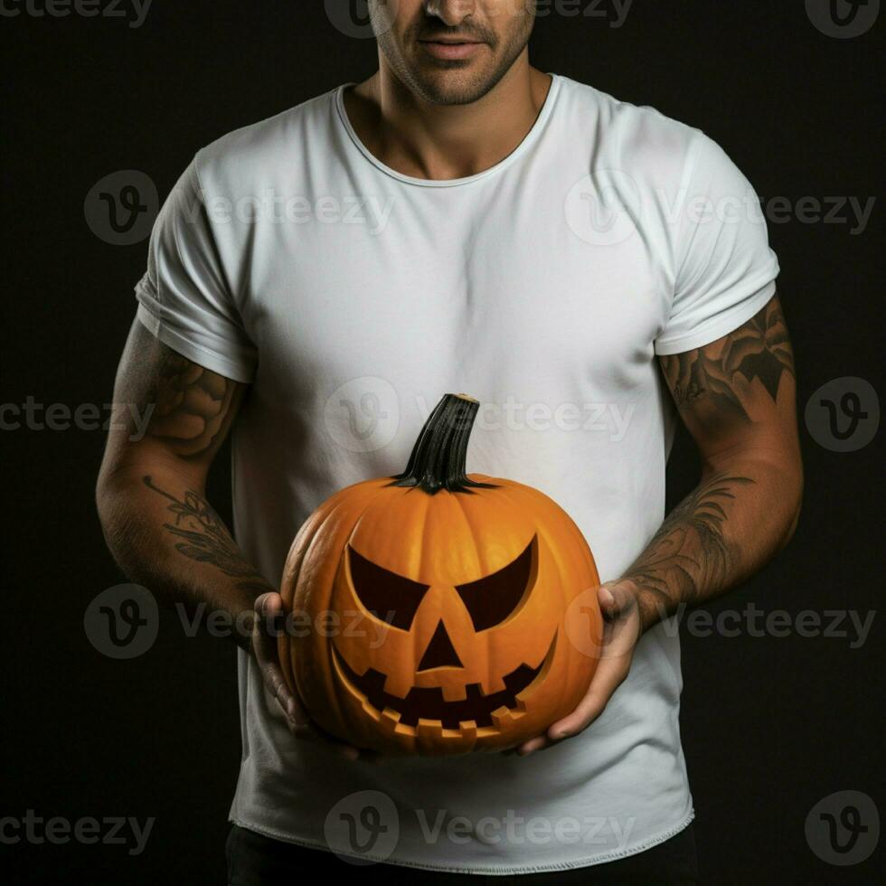AI generative Photo of a man holding halloween pumpkin in hand, wearing a plain white t-shirt