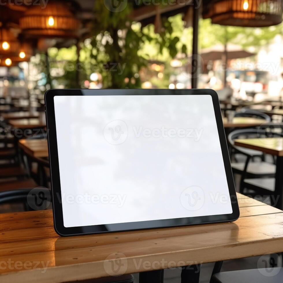 High quality photo of big tablet with blank screen on the table, perfect to create mockup preview