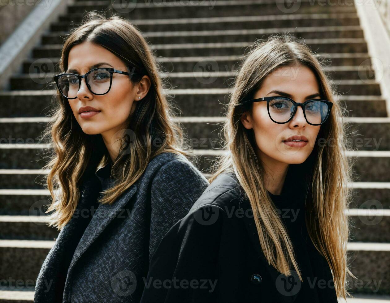 photo of beautiful woman with black bold glasses at staircase in front of building, generative AI