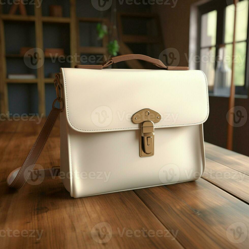 AI generative White woman bag on the wooden table, perfect to create mockup preview photo