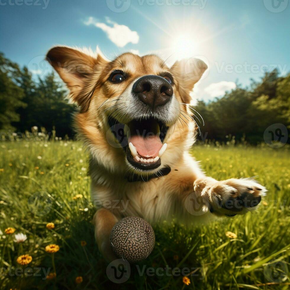 ai generativo alto calidad foto de un contento perro jugando pelota en el césped