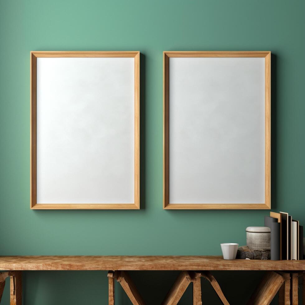 Real photo of blank wood frame hung on the walls
