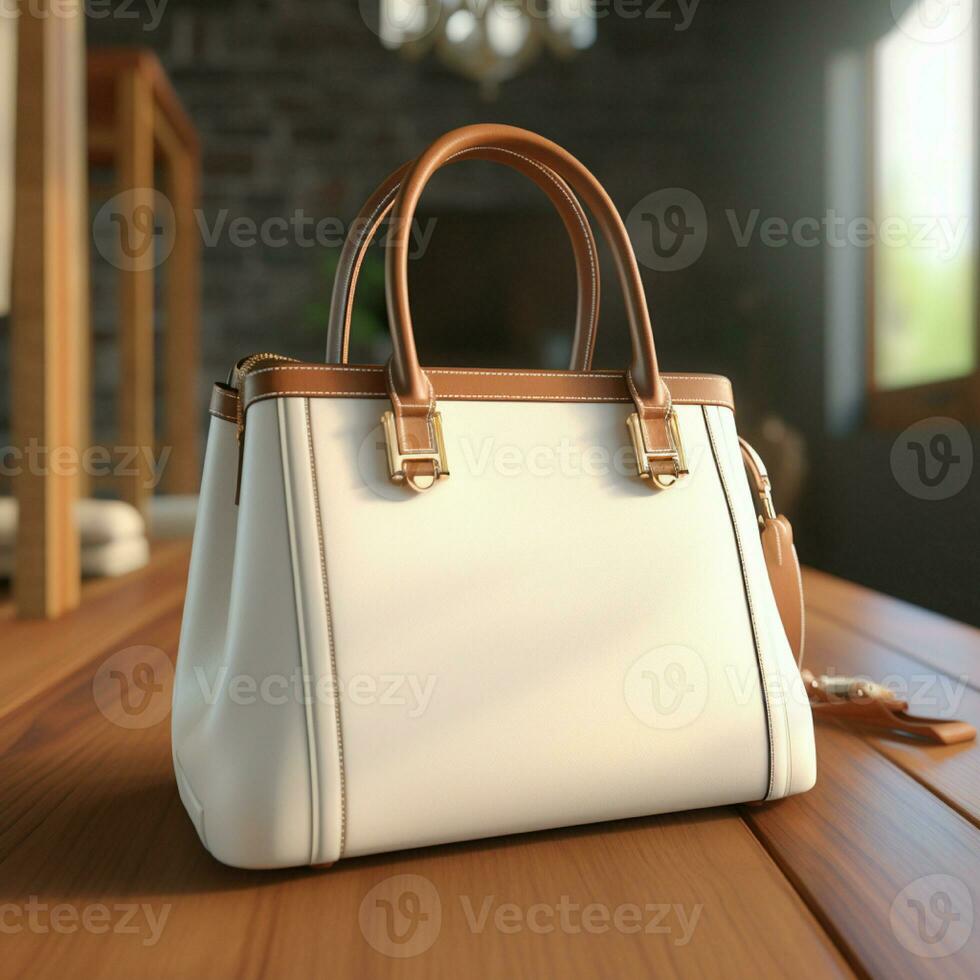 AI generative White woman bag on the wooden table, perfect to create mockup preview photo