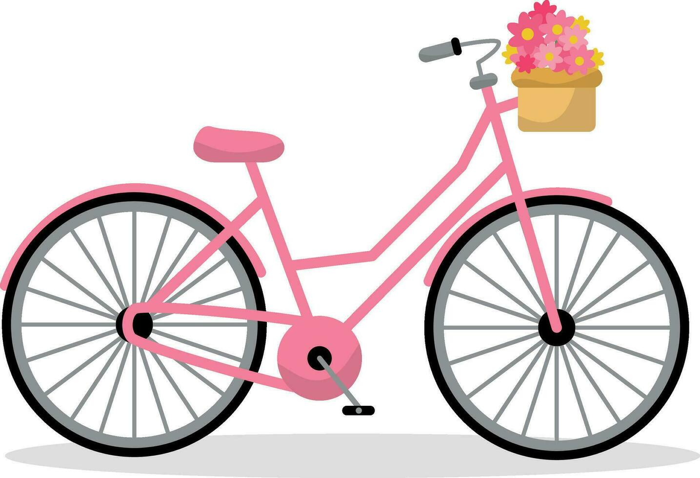 a pink bicycle with a basket of flowers vector