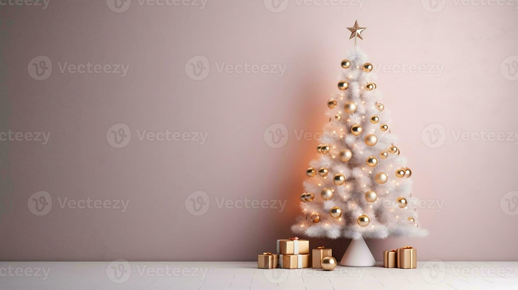 Christmas tree decorated with toys  on a contemporary pink background. Realistic photo of a room in a minimalistic modern style.