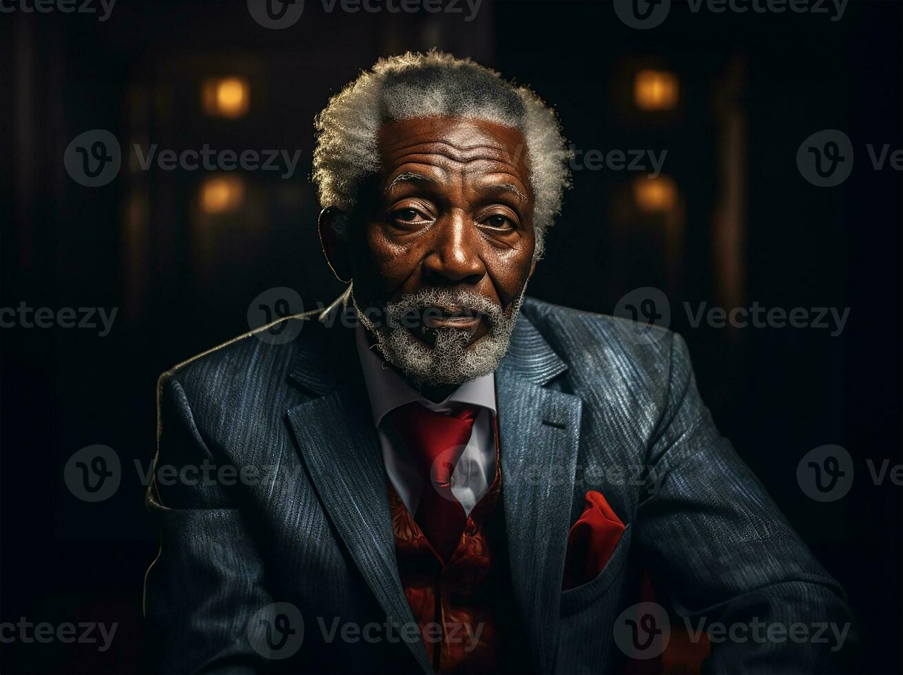 Mature old black man with wise eyes and a wrinkled face, With a sense of wisdom, life experience, and a deep connection to humanity. AI generated photo