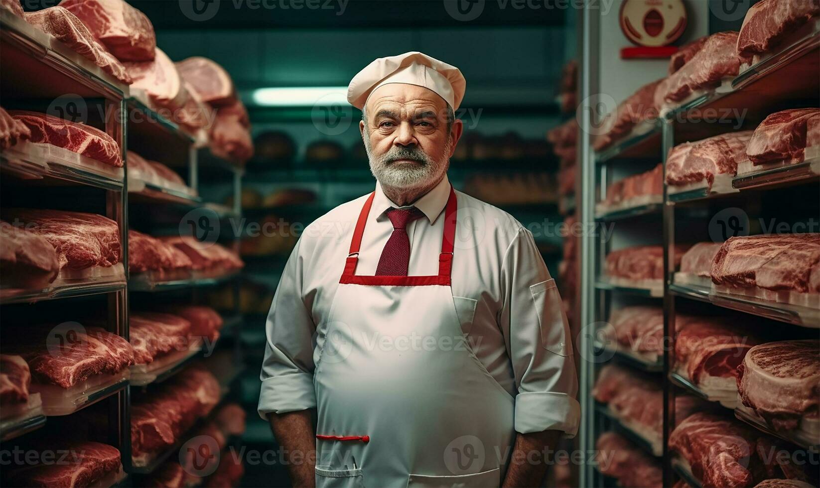 Man standing in front of shelves with raw meat. AI Generated photo