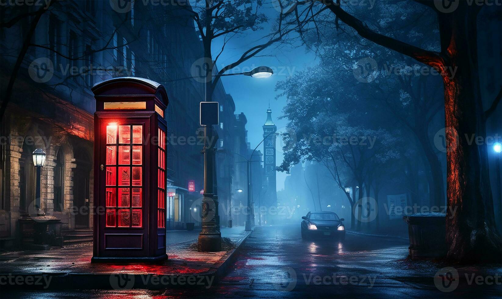 Red phone booth in the middle of a city street in the light of lanterns. AI Generated photo