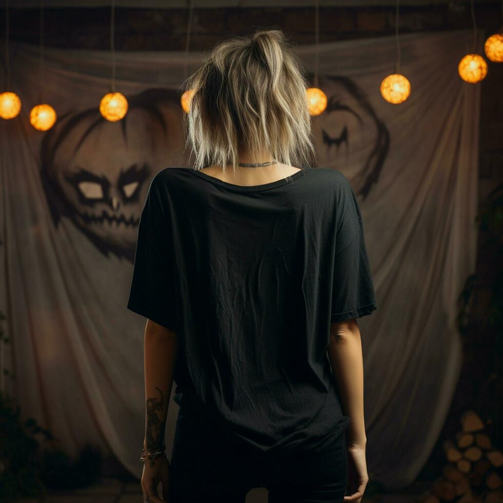 AI generated Girl model wearing black oversize t - shirt. halloween theme. Back view. modern style photo