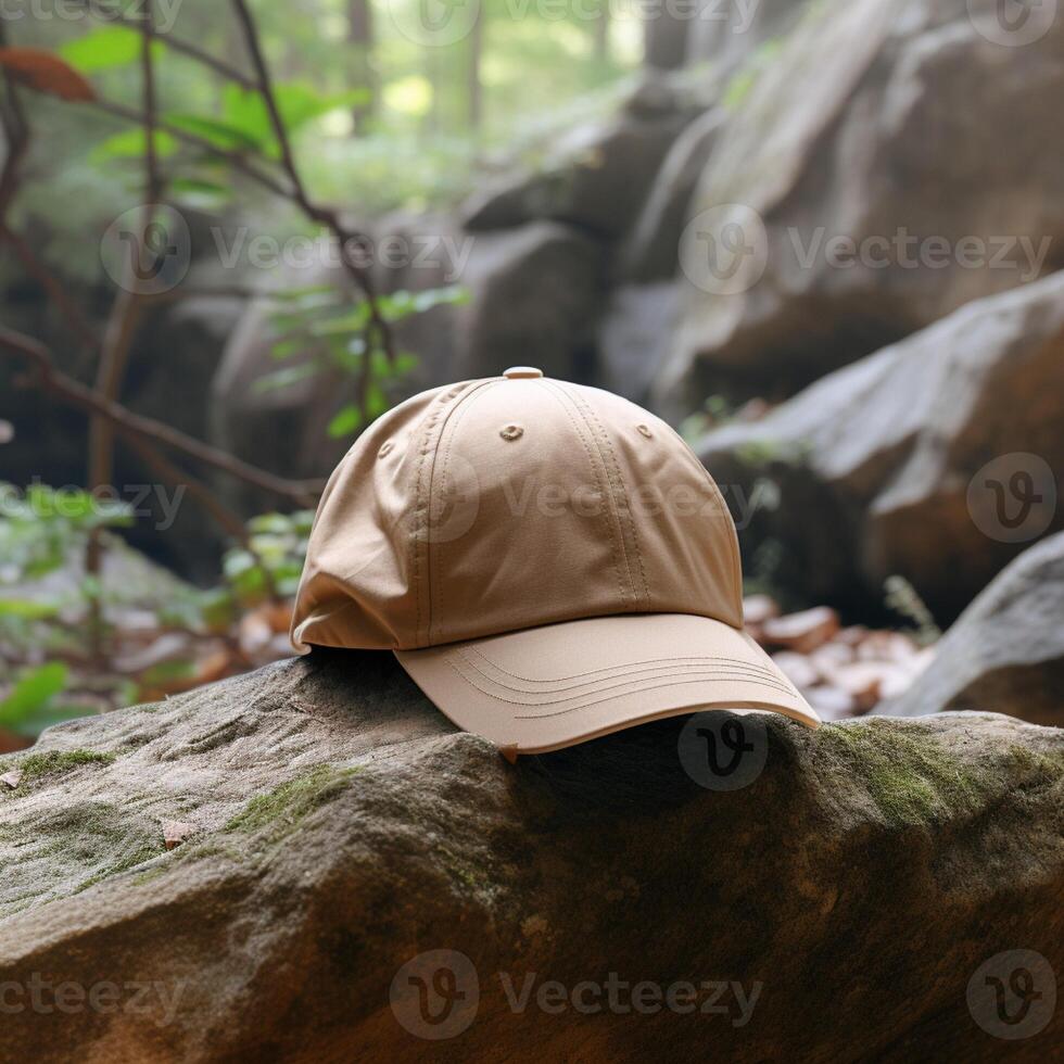 Photo of blank light brown baseball hat, ultra realistic, 8K, suitable to create hat mockup or cap mockup