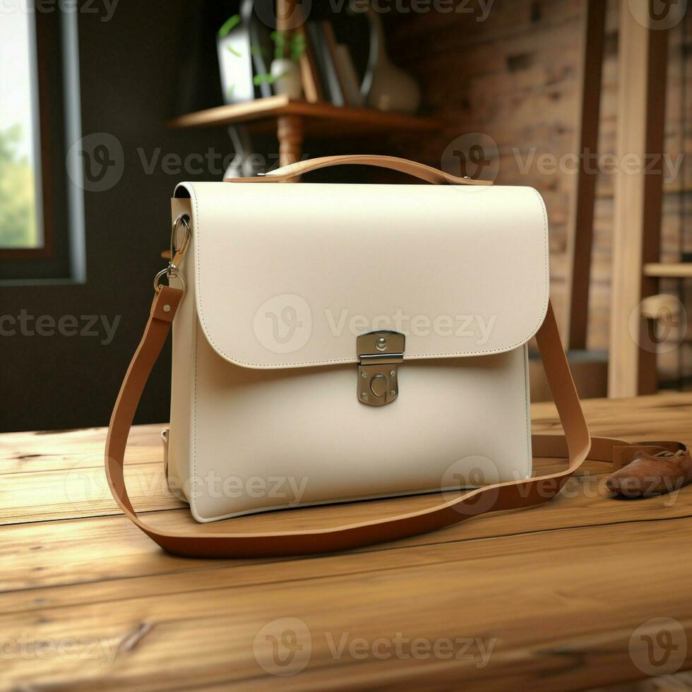 AI generative White woman bag on the wooden table, perfect to create mockup preview photo