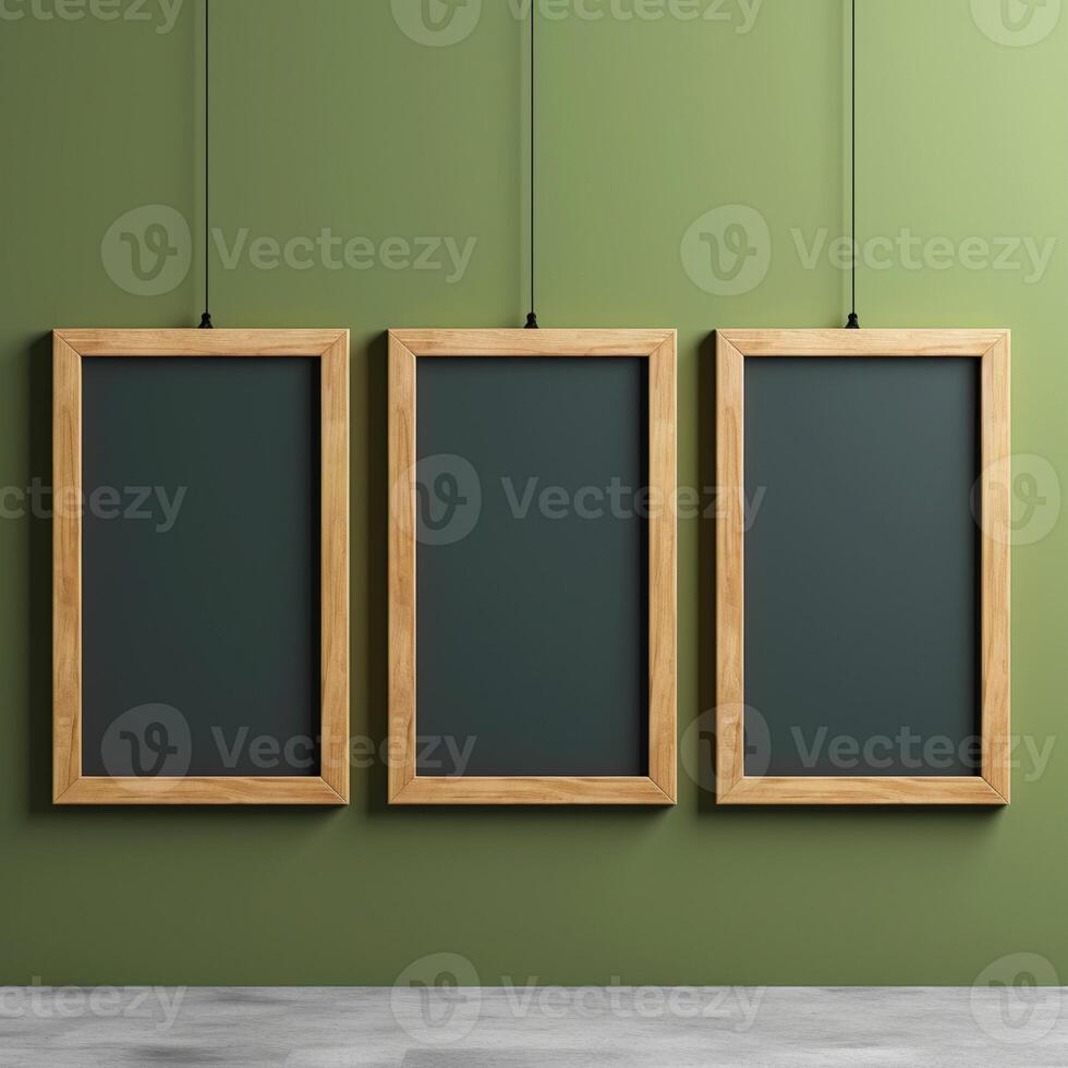 Real photo of blank wood frame hung on the walls