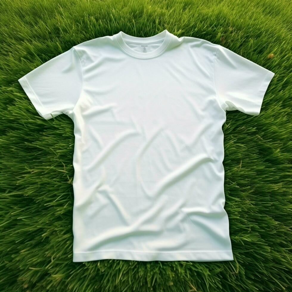 AI generative High quality of Blank white t-shirt on the green grass, perfect for mockup preview photo