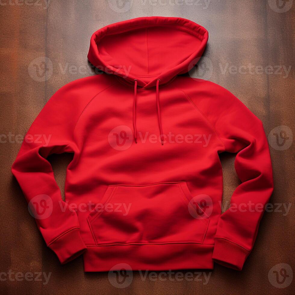 Blank red hoodie lying on the table, photographed from above photo