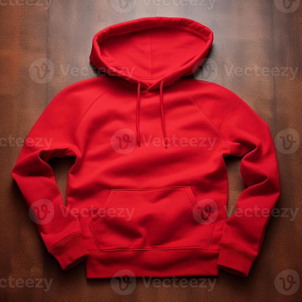 AI Generative Blank red hoodie lying on the table, photographed from above photo