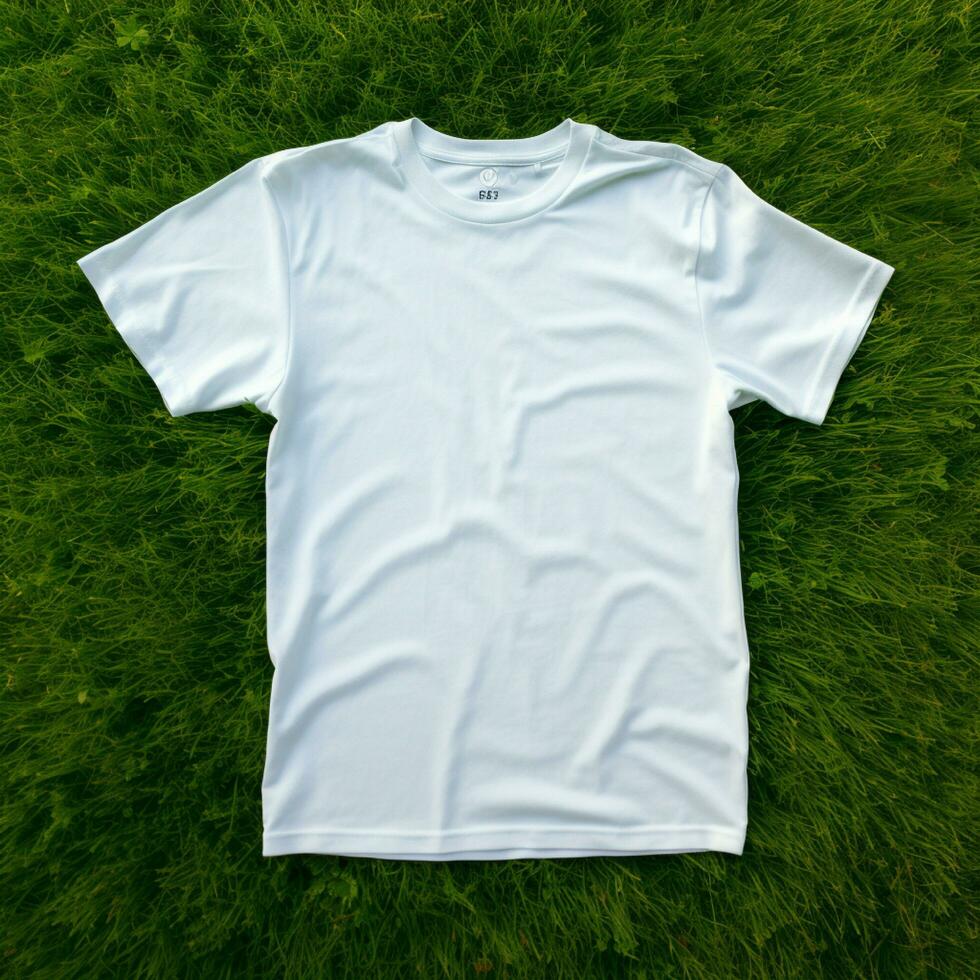 AI generative High quality of Blank white t-shirt on the green grass, perfect for mockup preview photo