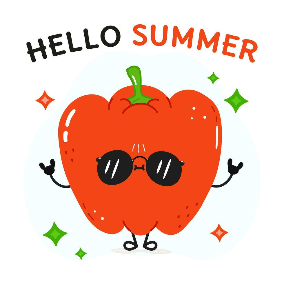 Red bell pepper character. Hello summer card. Vector hand drawn cartoon kawaii character illustration icon. Isolated on white background Red bell pepper fruit character concept