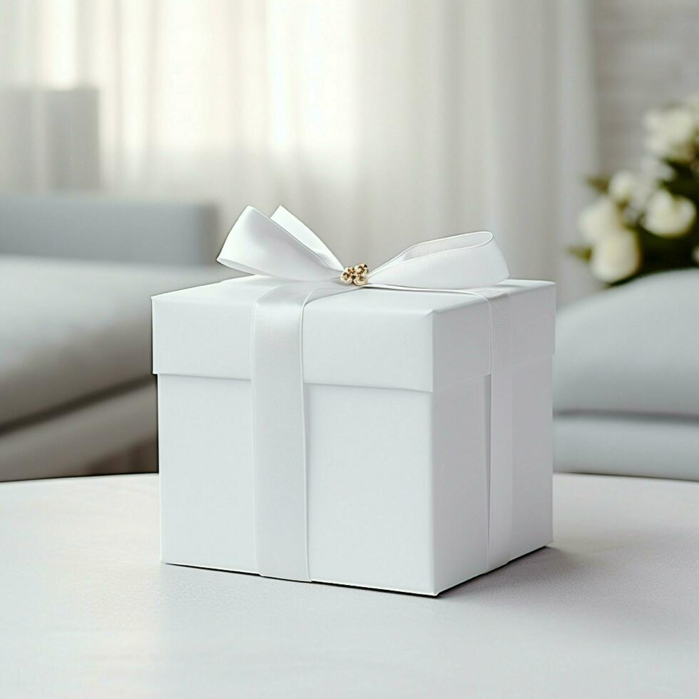 AI generative Blank gift box in white color on the table, perfect to create mockup preview photo