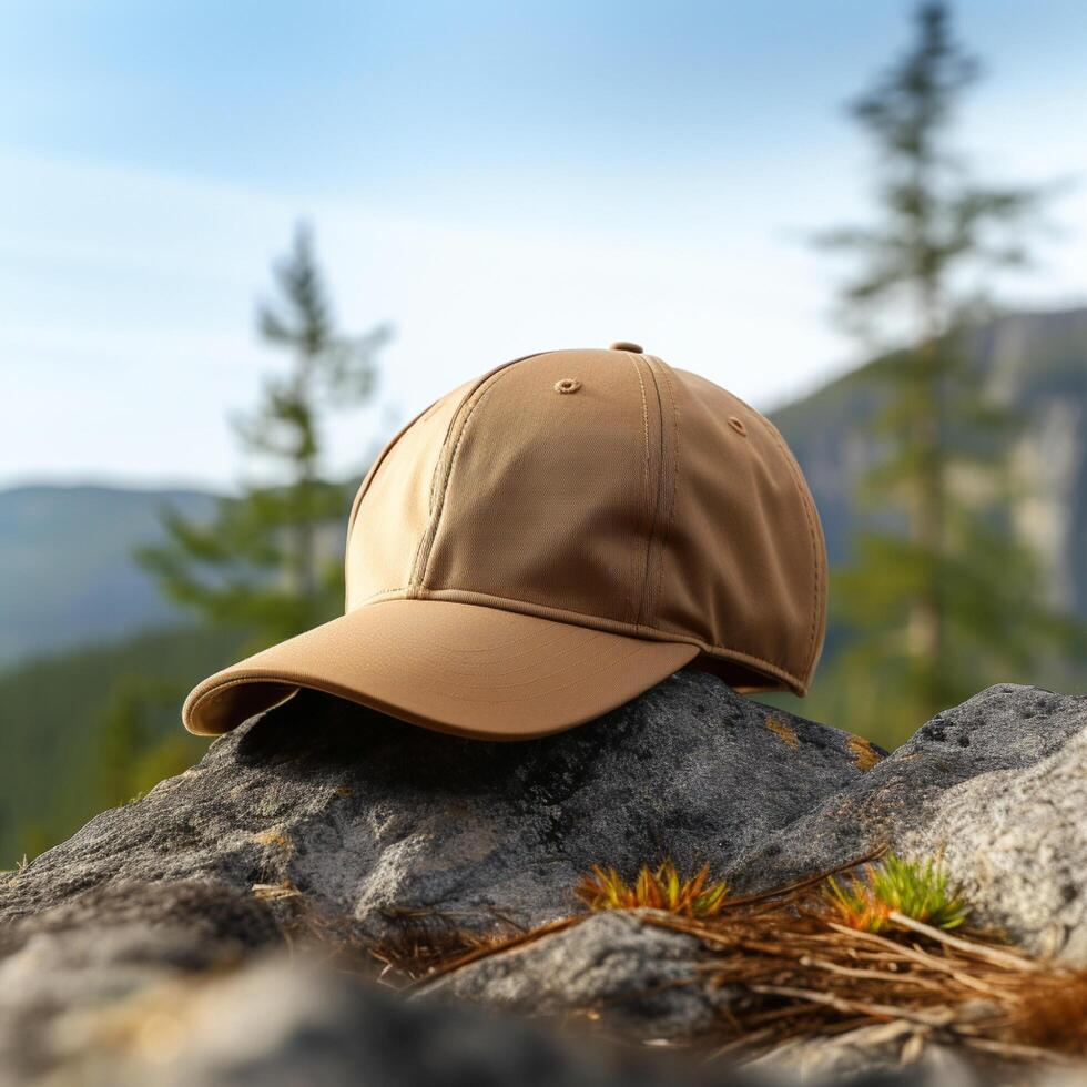 Photo of blank light brown baseball hat, ultra realistic, 8K, suitable to create hat mockup or cap mockup