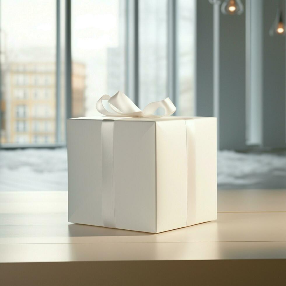 AI generative Blank gift box in white color on the table, perfect to create mockup preview photo