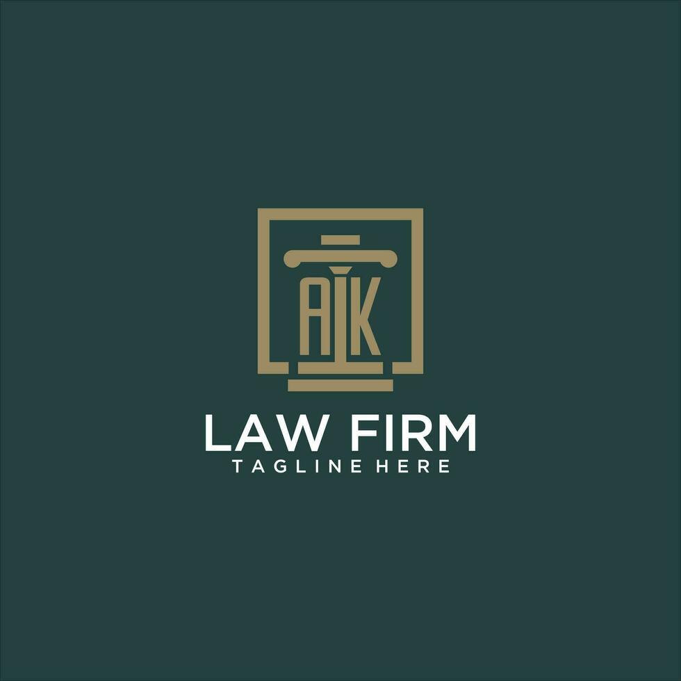 AK initial monogram logo for lawfirm with pillar design in creative square vector