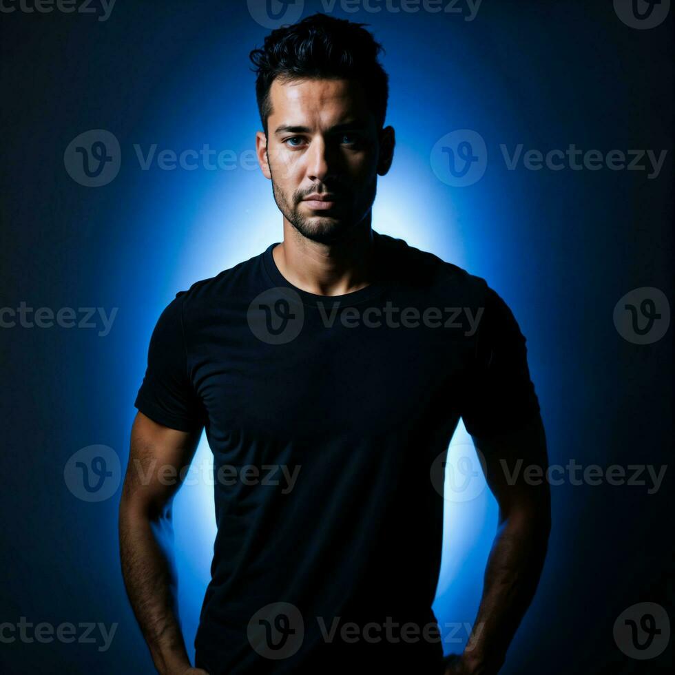 photo of handsome man with blue light on black background, generative AI