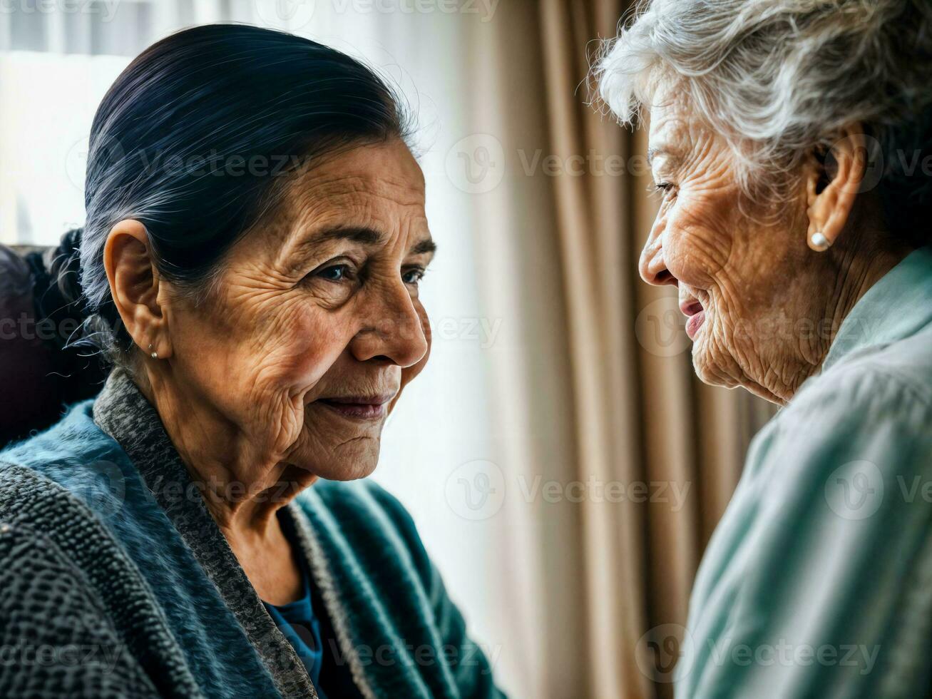 photo of woman take care senior woman at home, generative AI