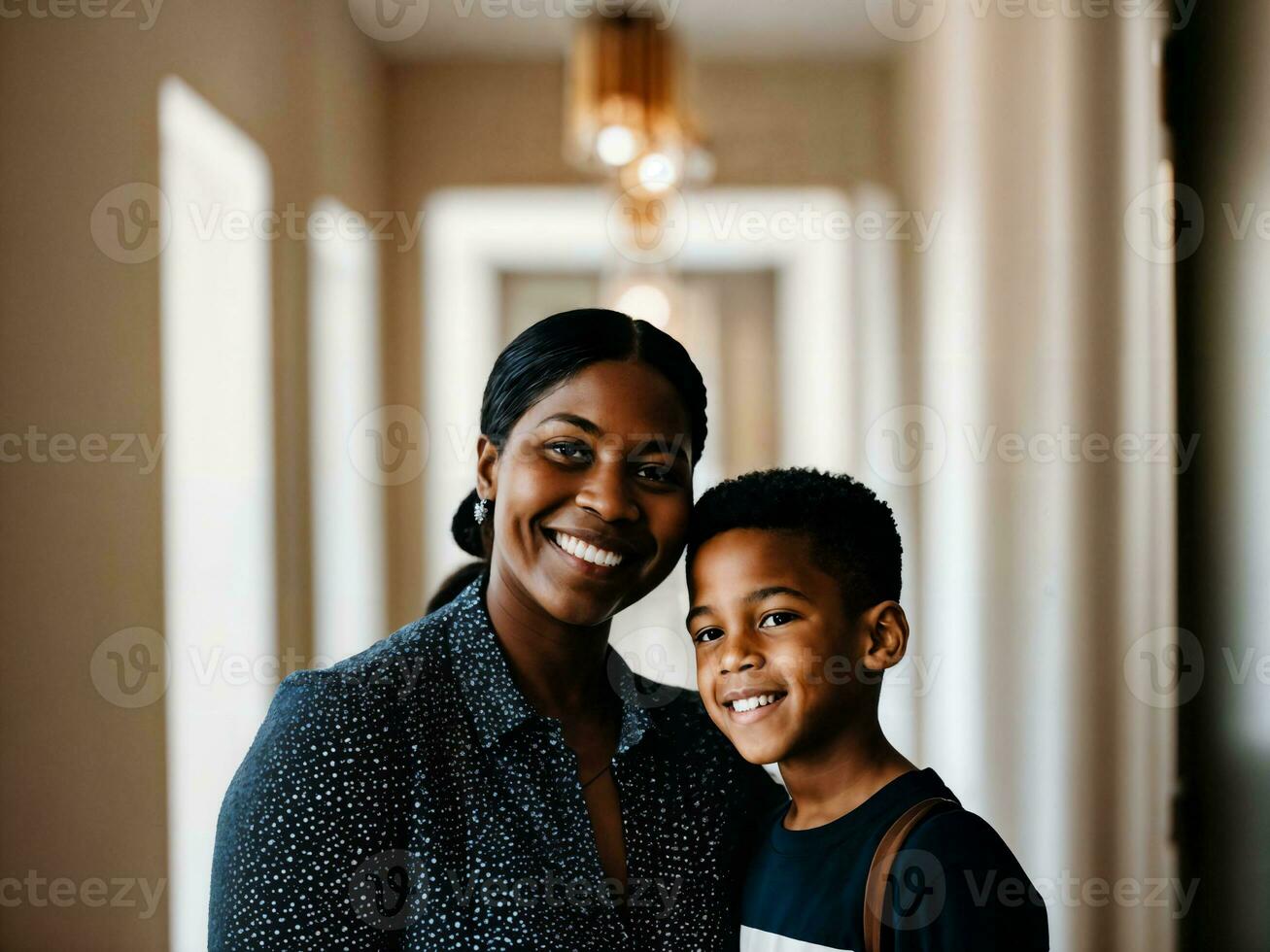 photo of happy family black mother and son, generative AI