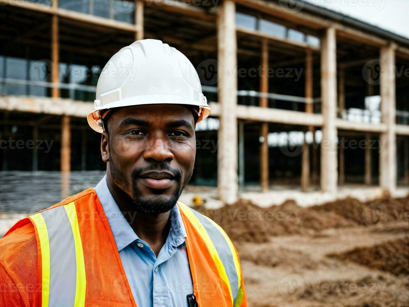 photo of african black man as a construction worker with helmet, generative AI