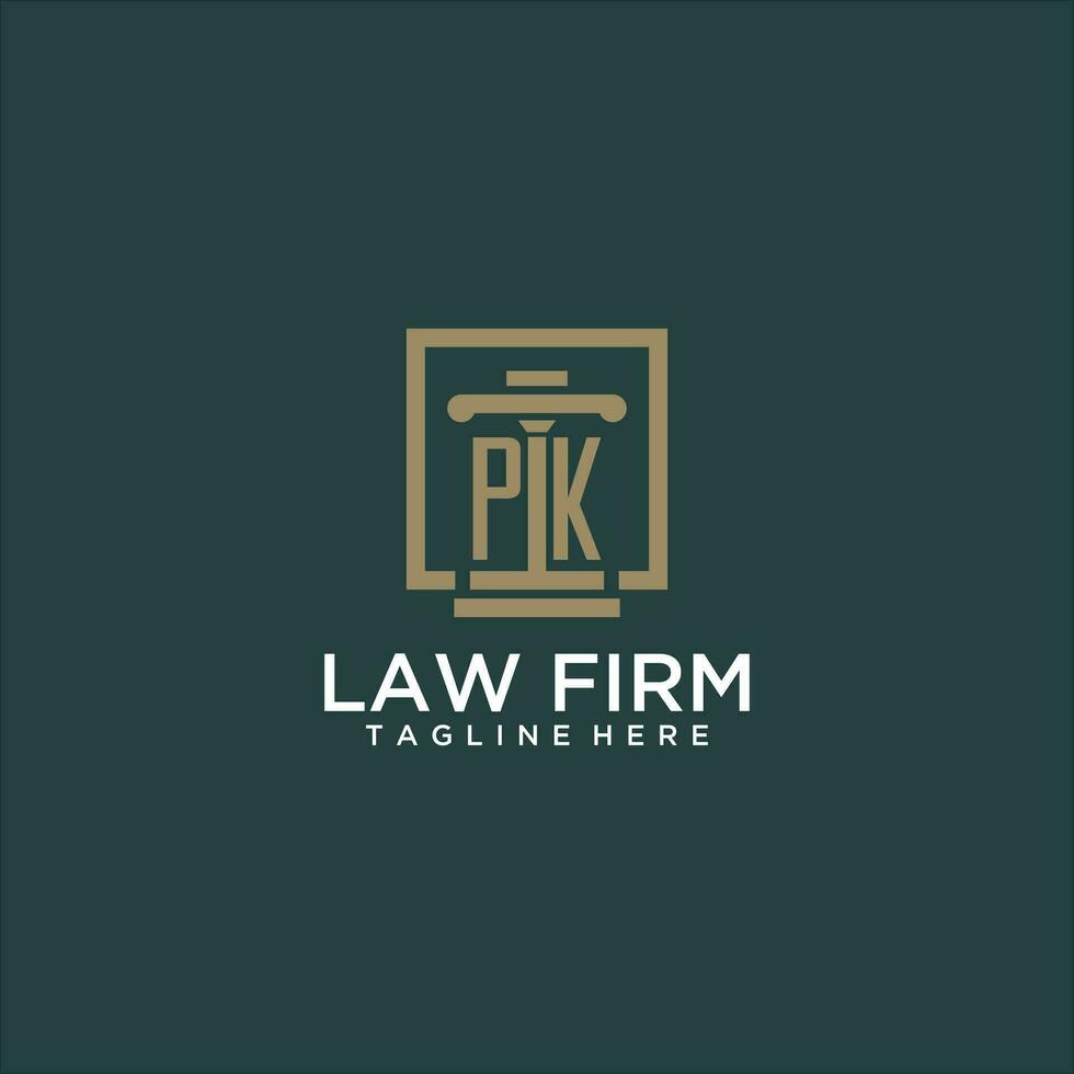 PK initial monogram logo for lawfirm with pillar design in creative square vector