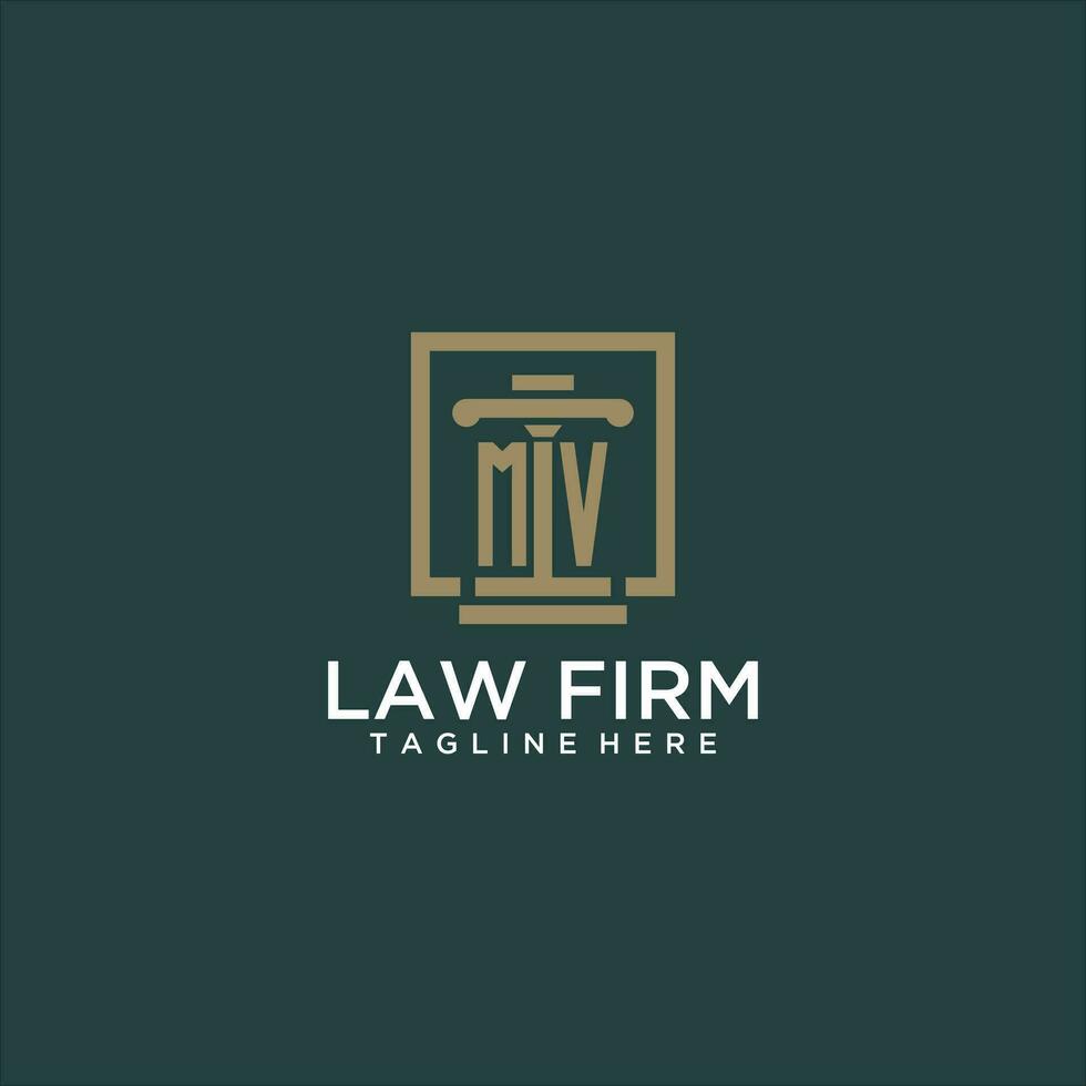 MV initial monogram logo for lawfirm with pillar design in creative square vector