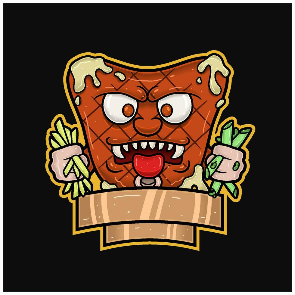 Mascot Cartoon of Steak With Evil Face. Blank Sign and Free Editable. vector