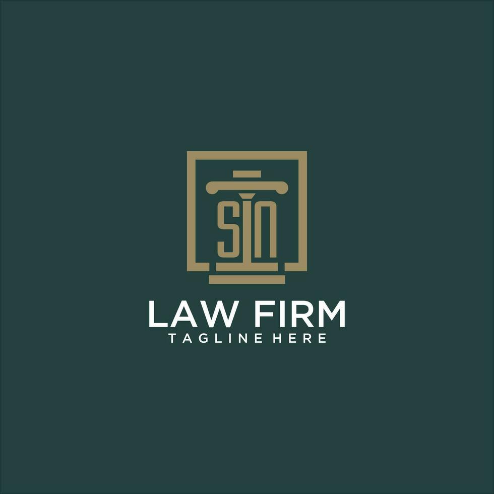 SN initial monogram logo for lawfirm with pillar design in creative square vector