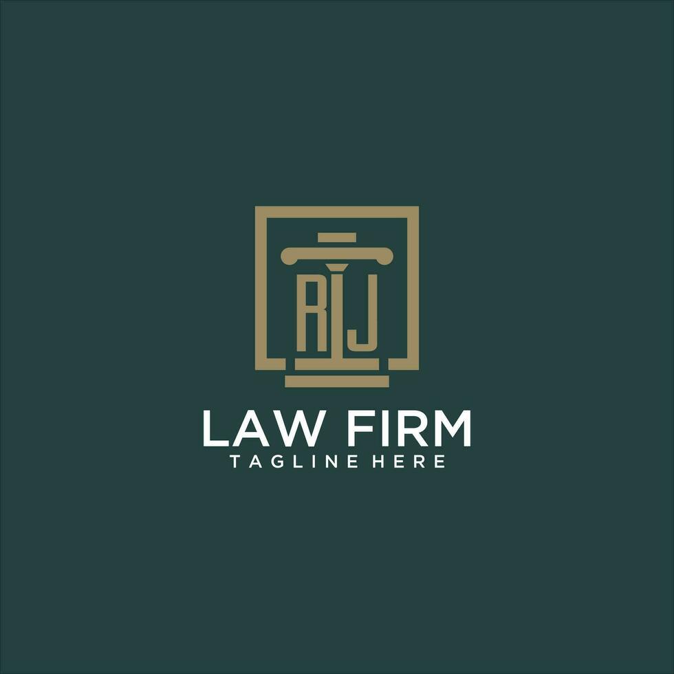 RJ initial monogram logo for lawfirm with pillar design in creative square vector