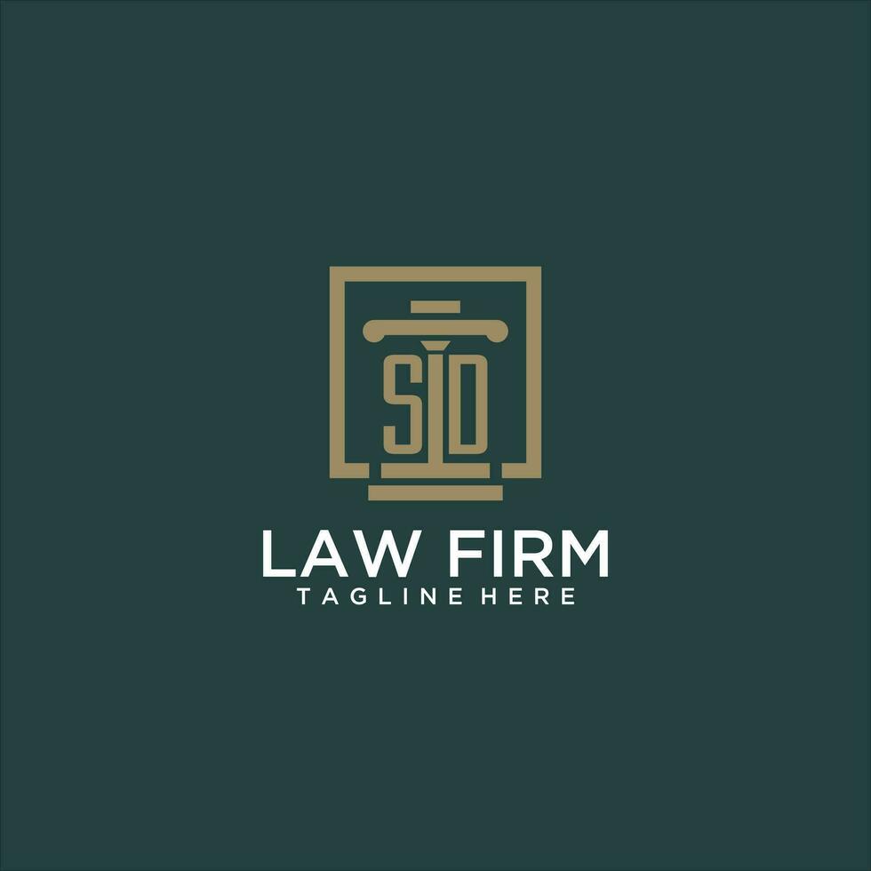 SD initial monogram logo for lawfirm with pillar design in creative square vector