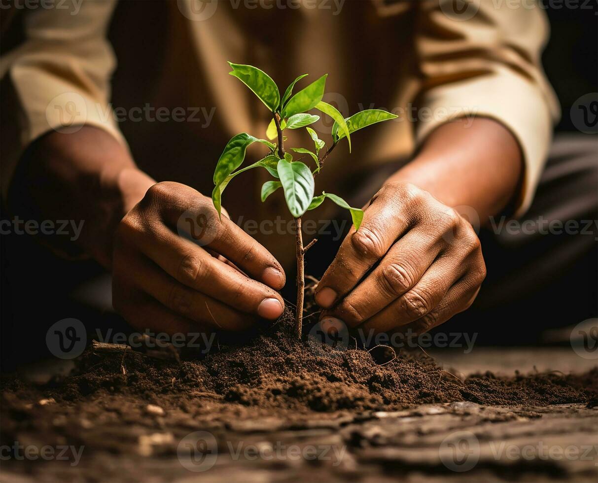 persona plantando un planta. ai generado foto