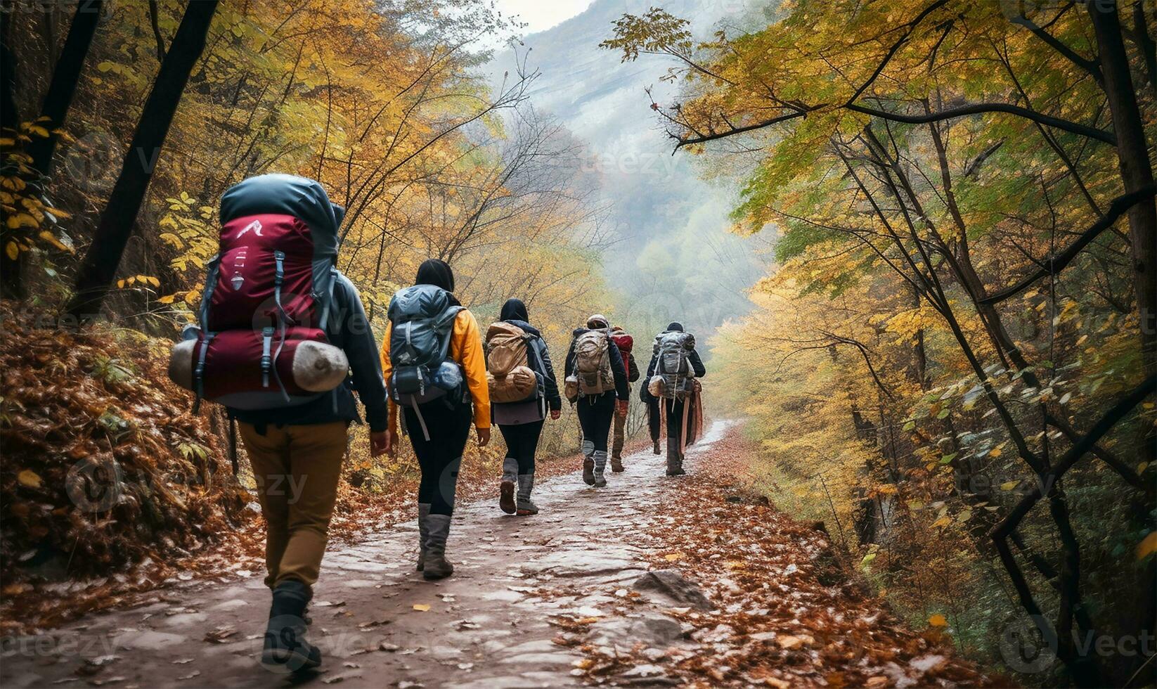 Group of backpackers trekking on the road in an autumn forest. AI Generated photo