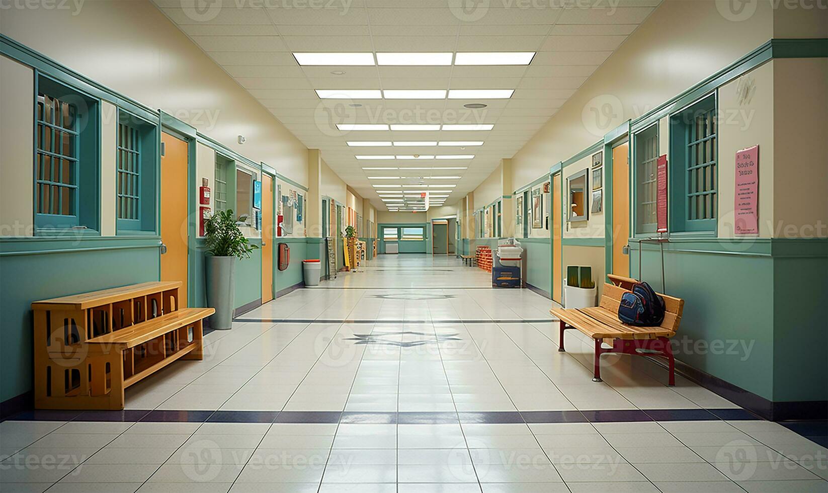 expansivo corredor dentro un colegio edificio. ai generado foto