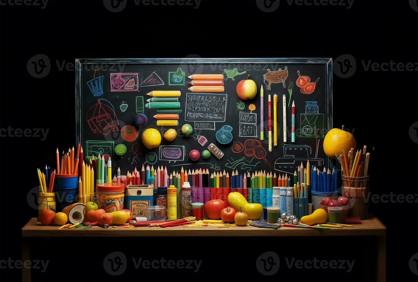 collection of colorful crayons artistically laid out on a blackboard. AI Generated photo