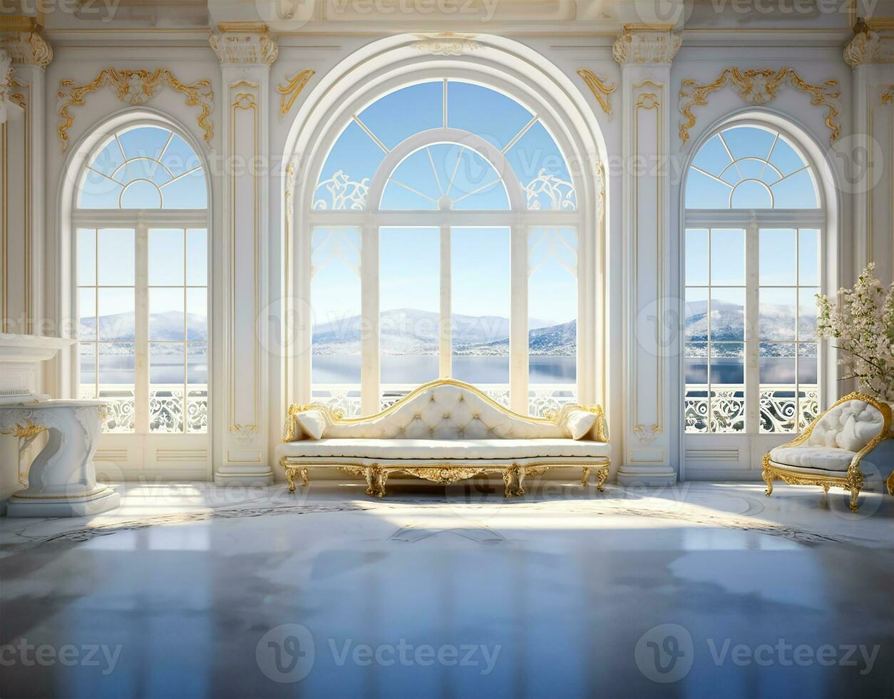blanco palacio mármol lujo interior habitación con soleado ventana. ai generado foto