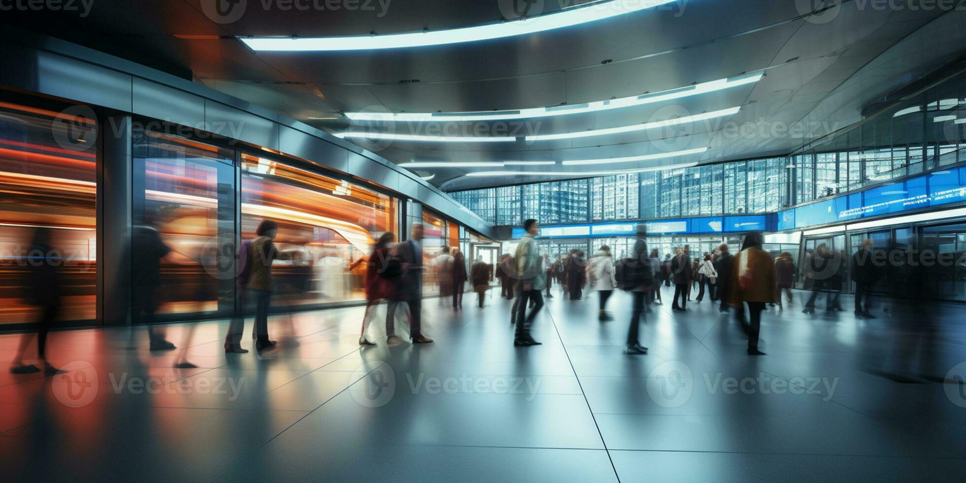 Commuters rush through the futuristic subway station. AI Generated photo