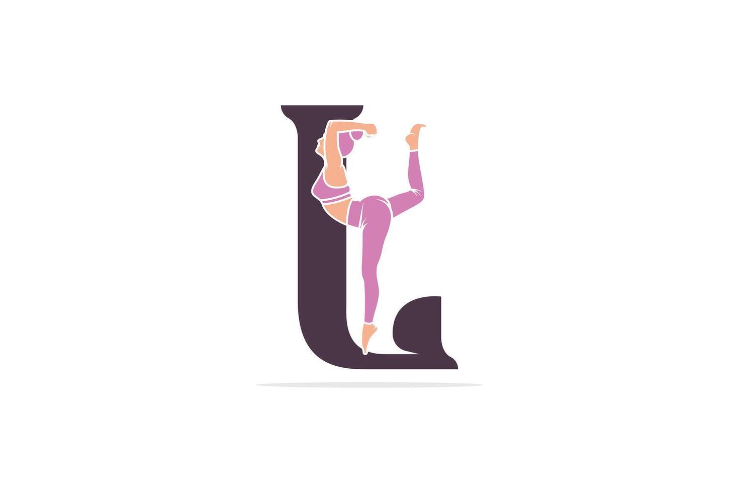 Deportes yoga mujer en letra l vector diseño. alfabeto letra icono concepto. Deportes joven mujer haciendo yoga ejercicios con letra l logo diseño.