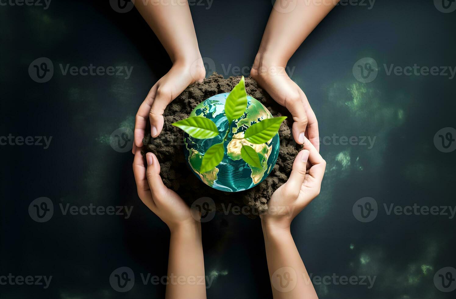 hands holding a green Earth. AI Generated photo
