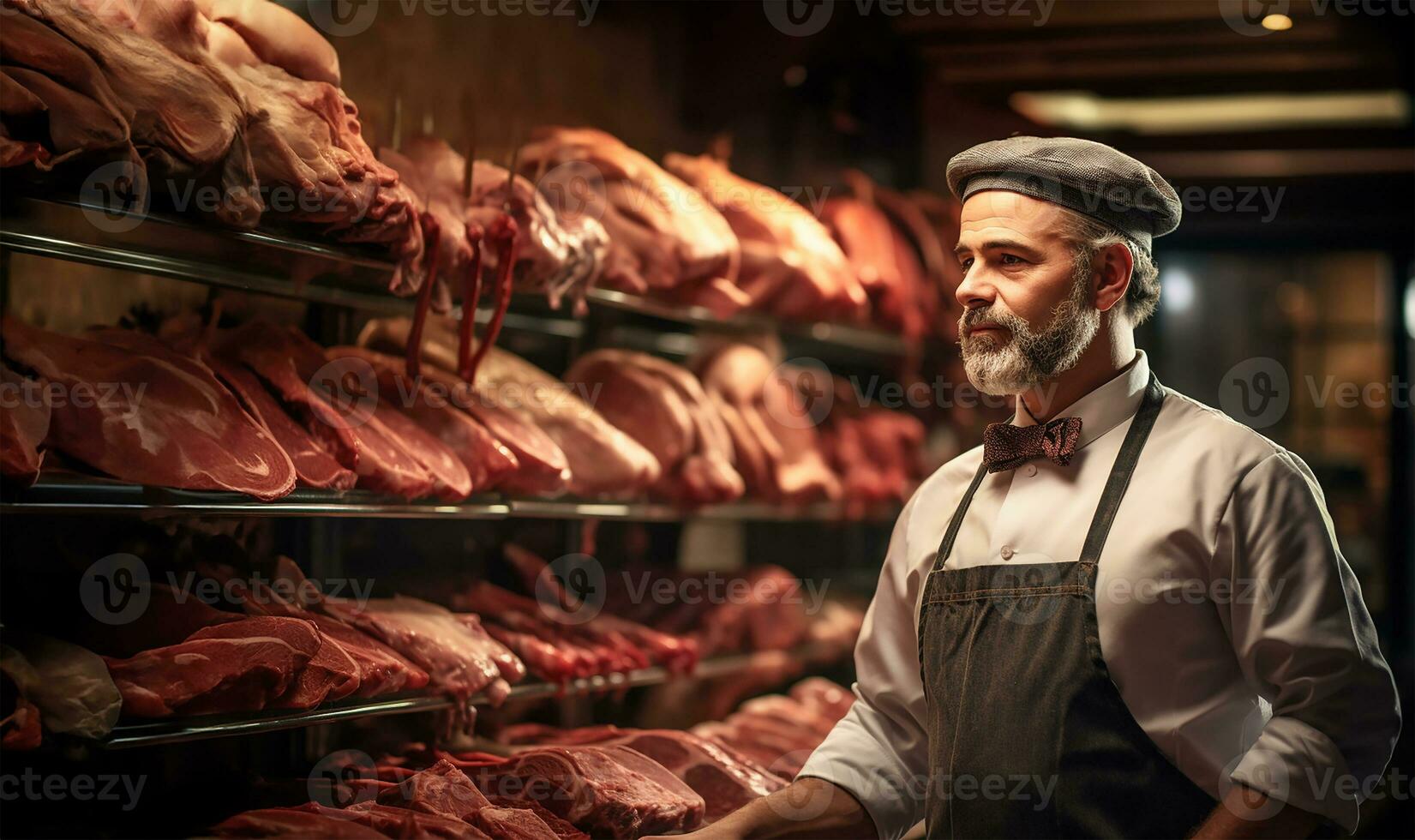 hombre en pie en frente de estantería con crudo carne. ai generado foto