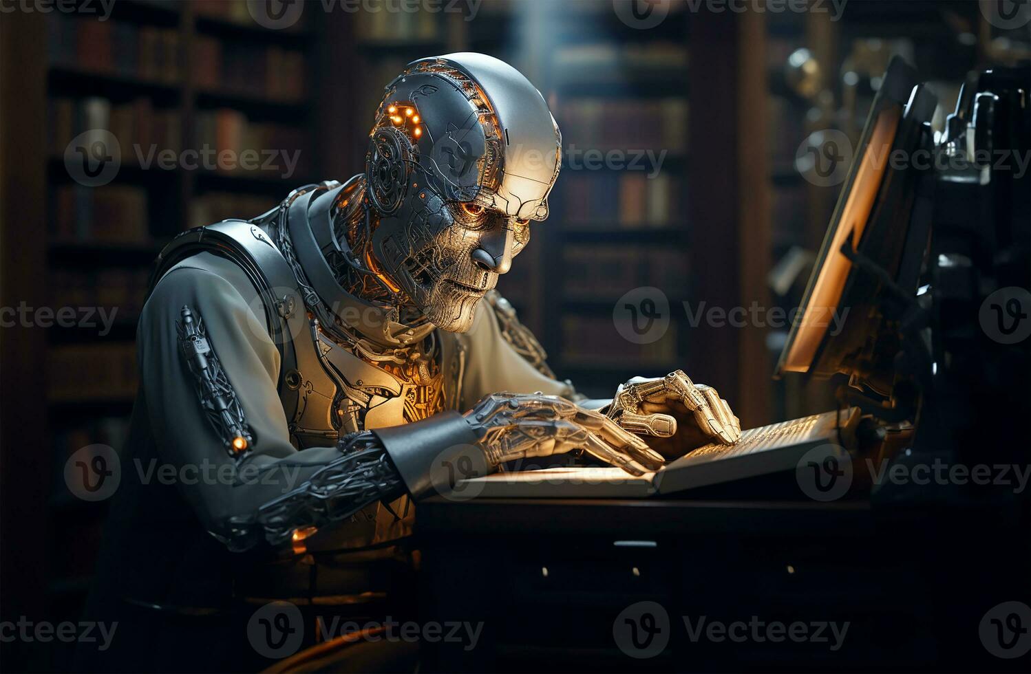 AI robot reading a book in a library. AI Generated photo